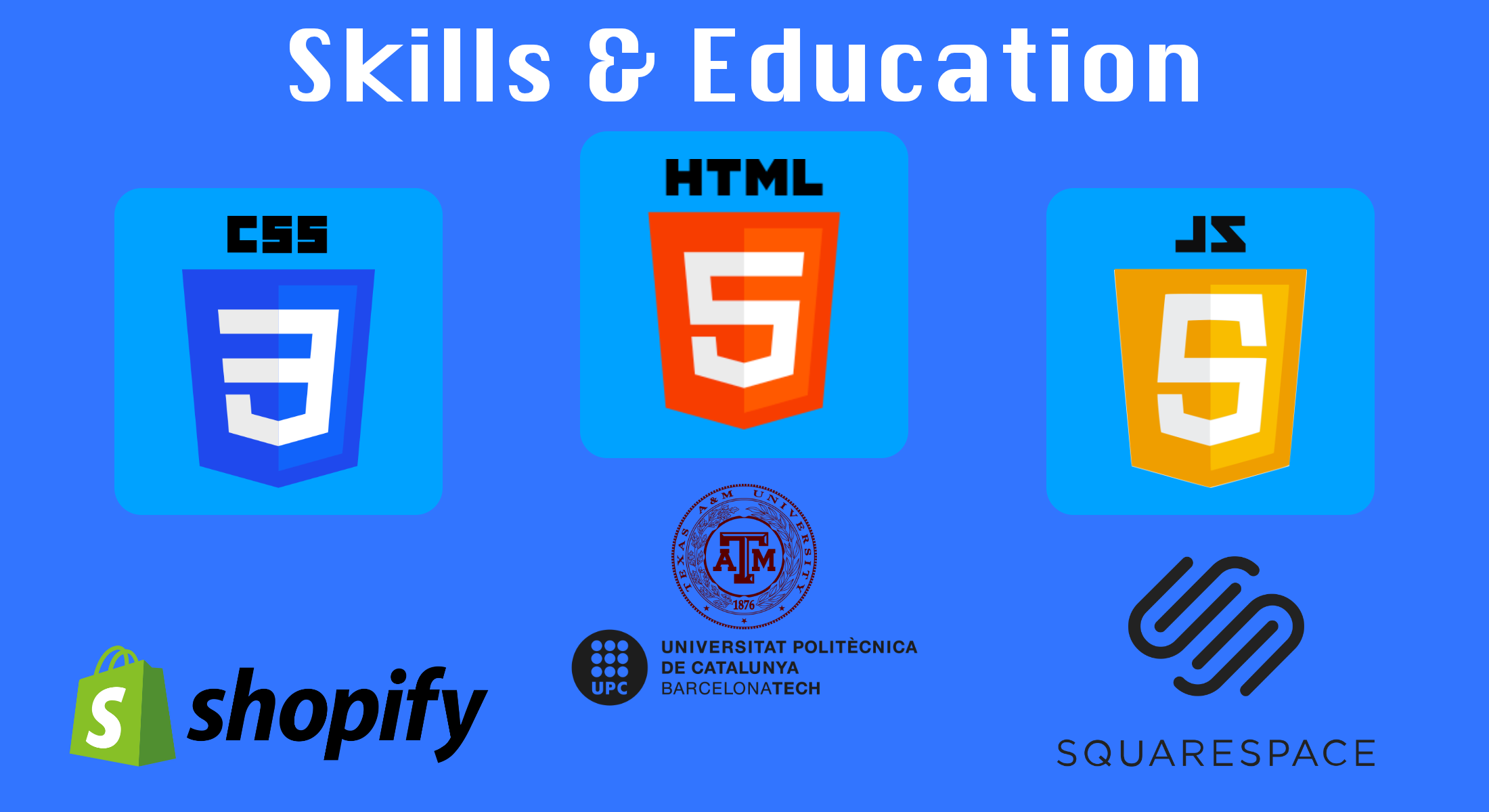 Will Rains Web Developer Skills and Education - HTML, CSS, Javascript, Shopify, Texas A&M, Universitat Politecnica de Catalunya